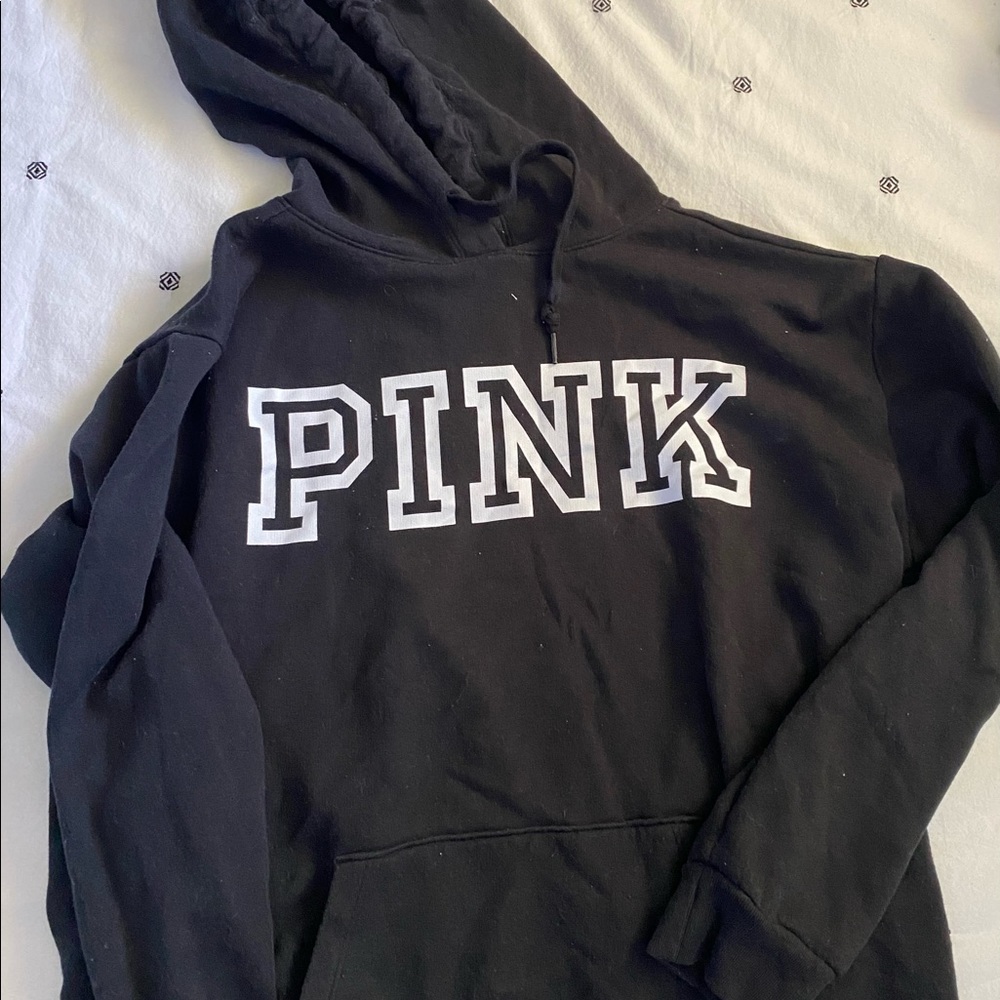 PINK. Black soft hoodie with large pocket